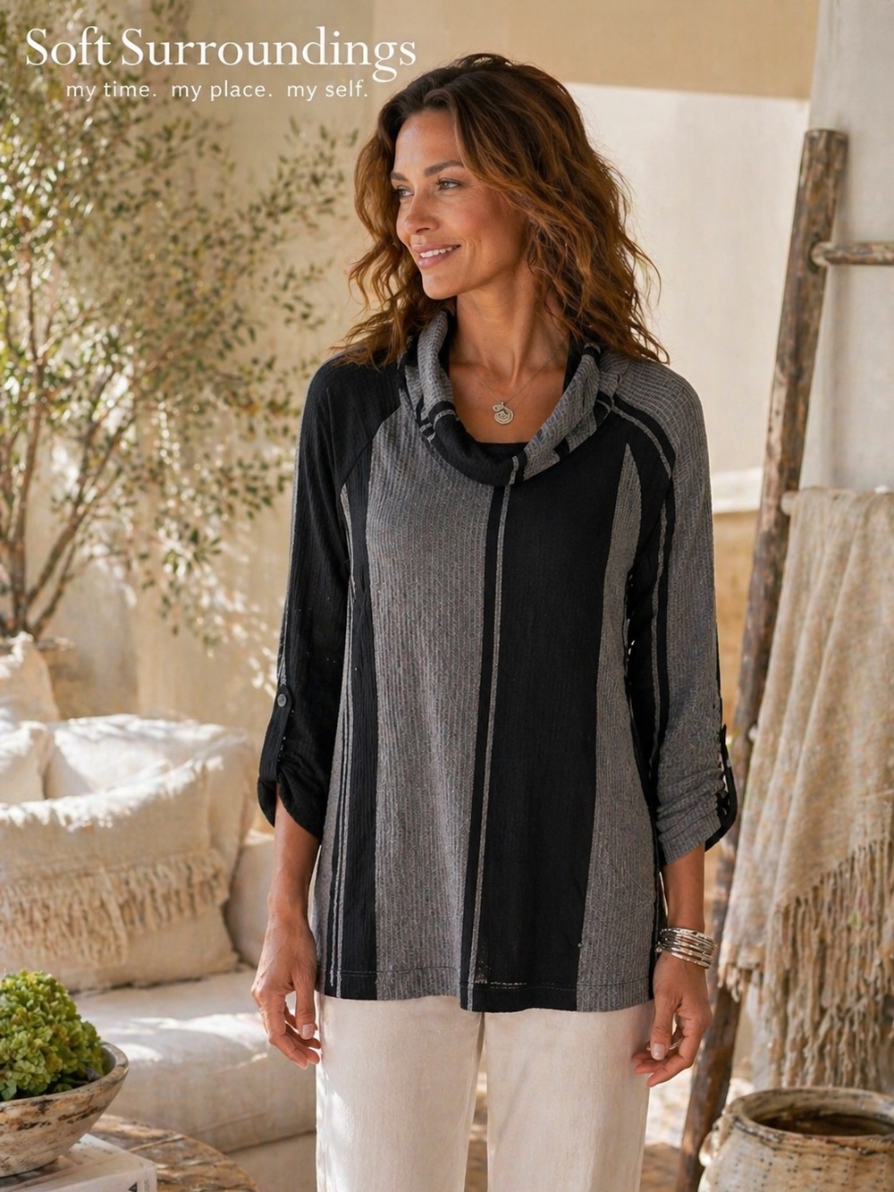 Soft Surroundings Huxley Tab Sleeves Cowl Neck Wide Stripes Tunic Size PL